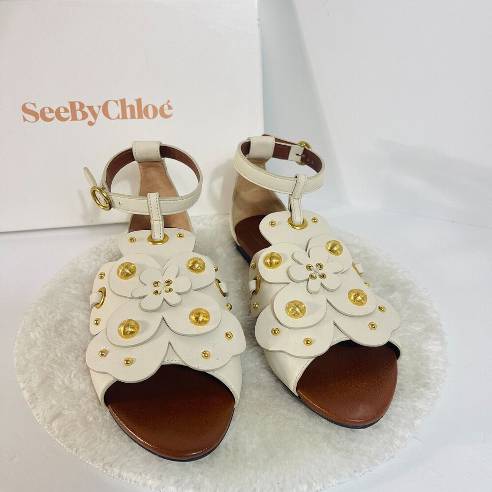 See By Chloe Womens White Leather Sandals 37/7 Gold Studded Flats Haya Floral